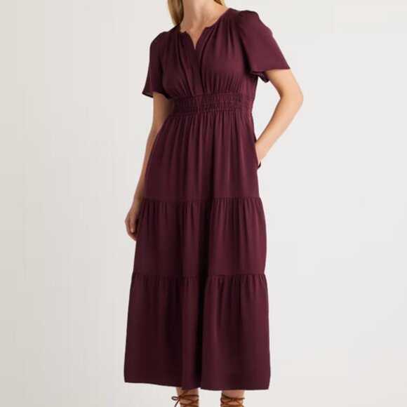 Quince Dresses & Skirts - Quince Washable Stretch Silk Tiered Maxi Dress in Wine Tasting Red Women's sz L